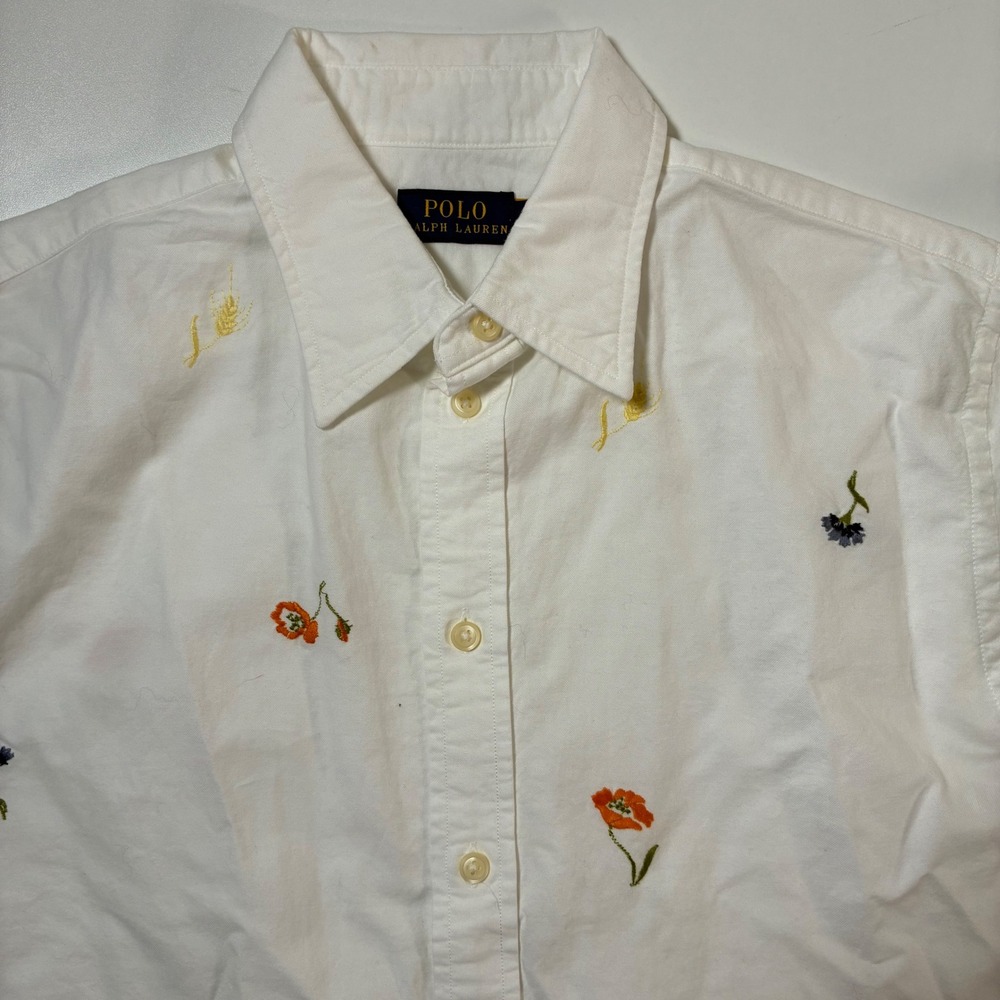 Polo Ralph Lauren Shirt Small White Embroidered Floral Short Sleeve AOP Rare
